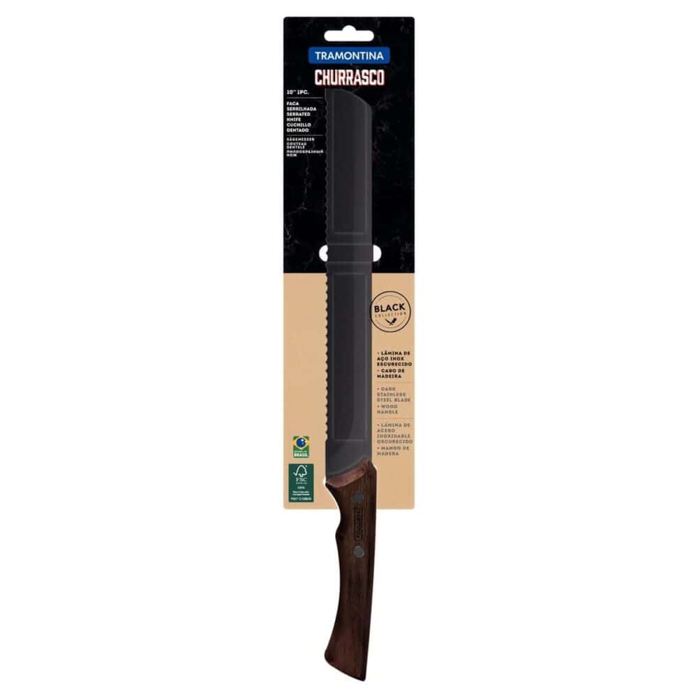 Churrasco Black Serrated Knife with Blackened Stainless-Steel Blade and 10" Wooden Handle - Image 3