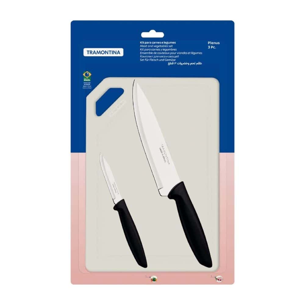 Plenus 3-Piece Meat and Vegetable Set with Stainless Steel Blades, Black Polypropylene Handles and Cutting Board - Image 4