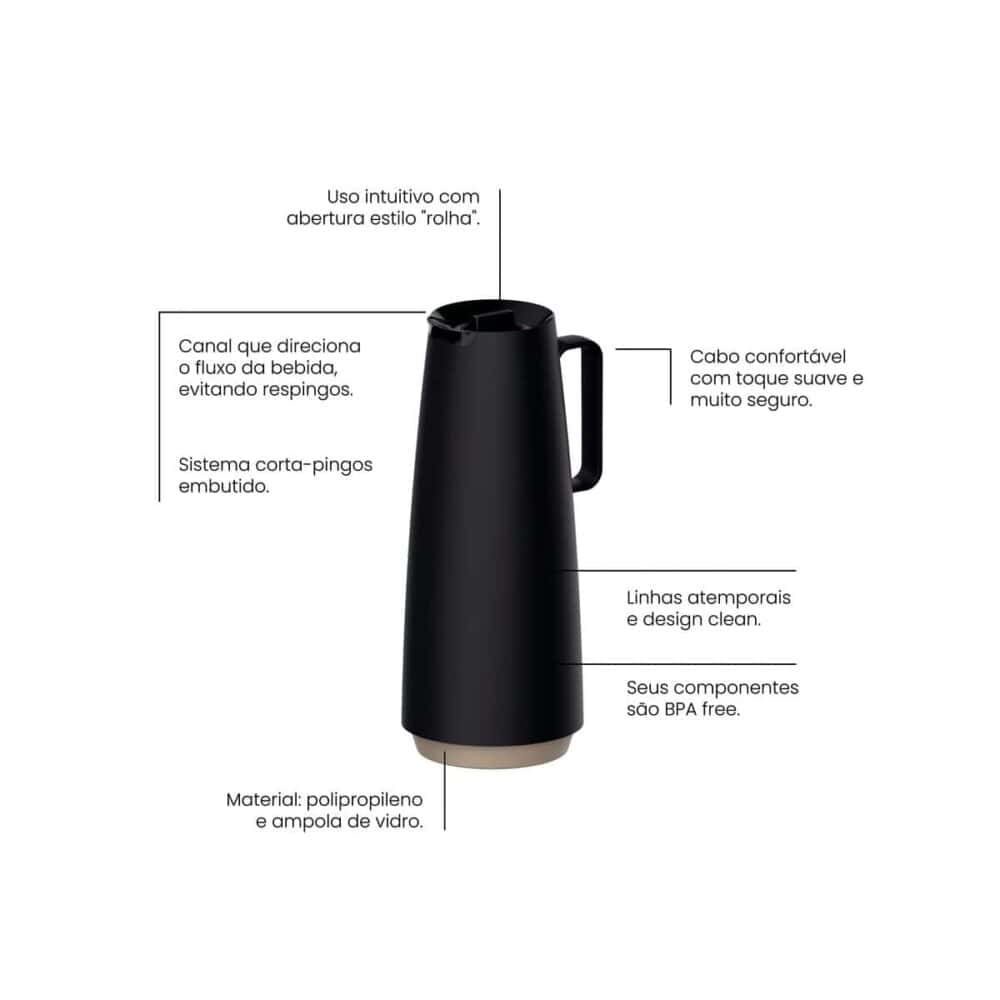 Exata Black Polypropylene Thermal Flask with 1 L Glass Liner - Image 8