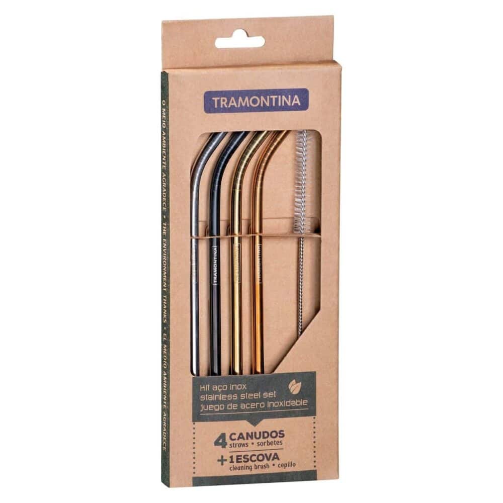 Tramontina stainless steel colorful drinking straw set with cleaning brush, 5 pc set - Image 3