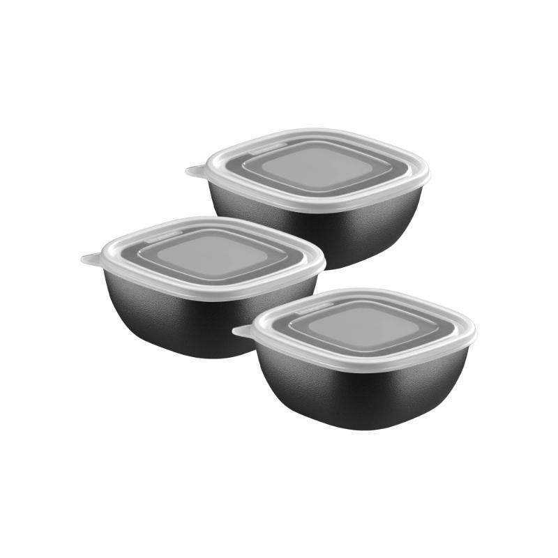 3-Piece Black Polypropylene Containers with Transparent Lid - 600ml
